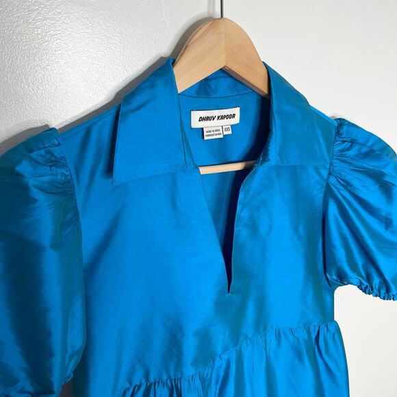 Dhruv Kapoor Puff Sleeve Midi Dress XXS Blue Metallic Tiered Pockets Cocktail - Picture 7 of 14